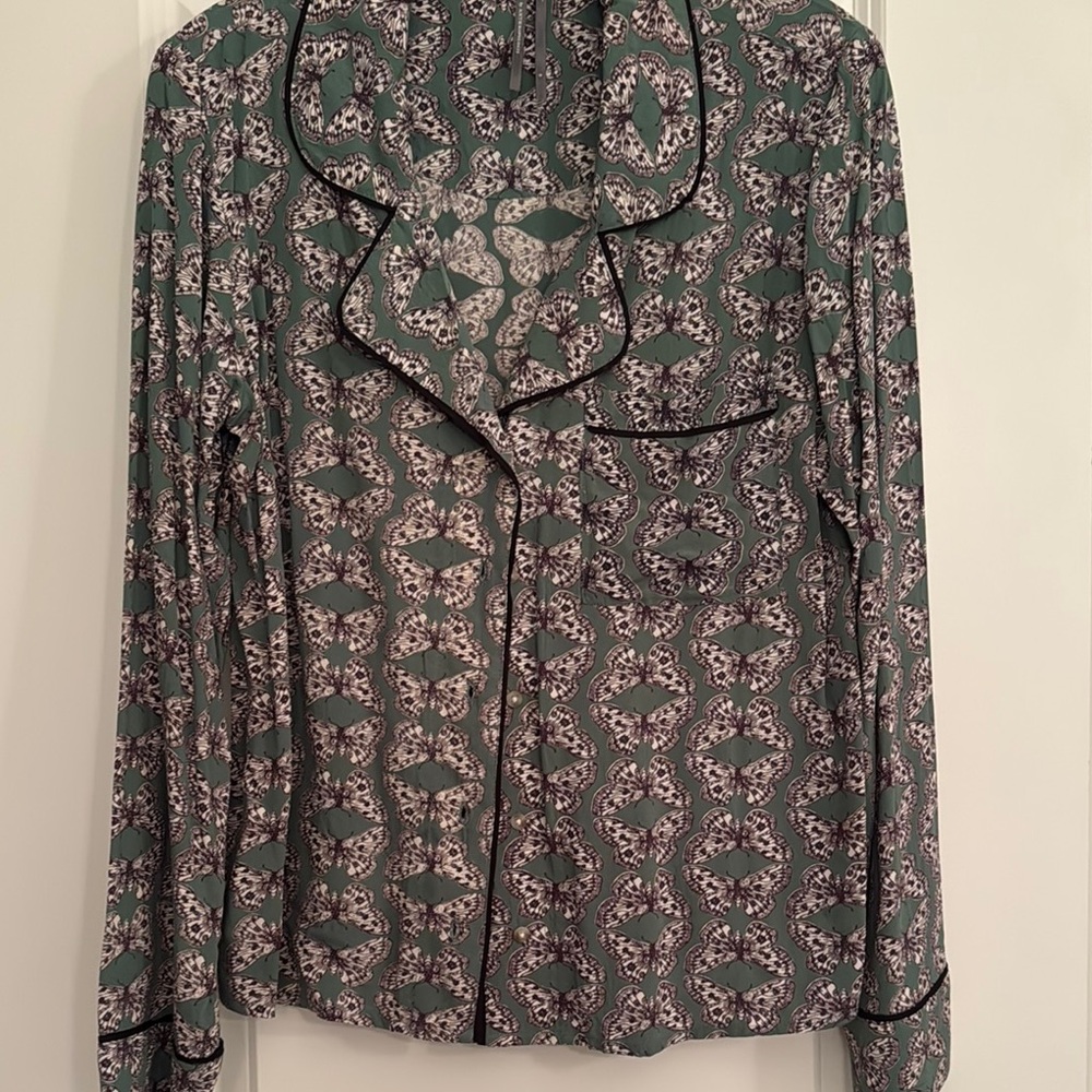 Anthropologie Green and Black Patterned Blouse